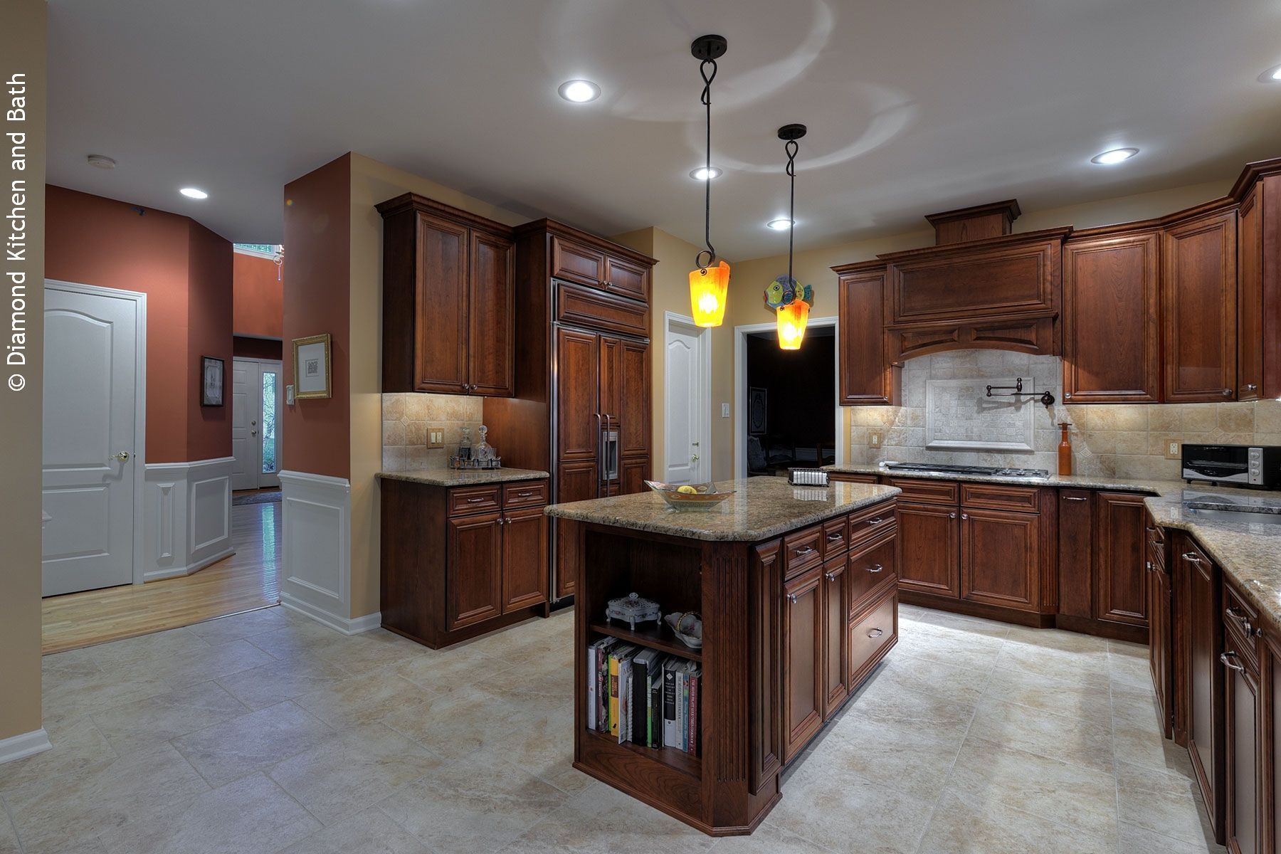 Stained wood cabinets with granite countertops